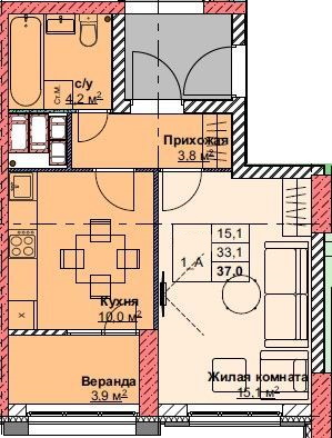 Доступные планировки в ЖК Каштановый двор, 37,0 м2